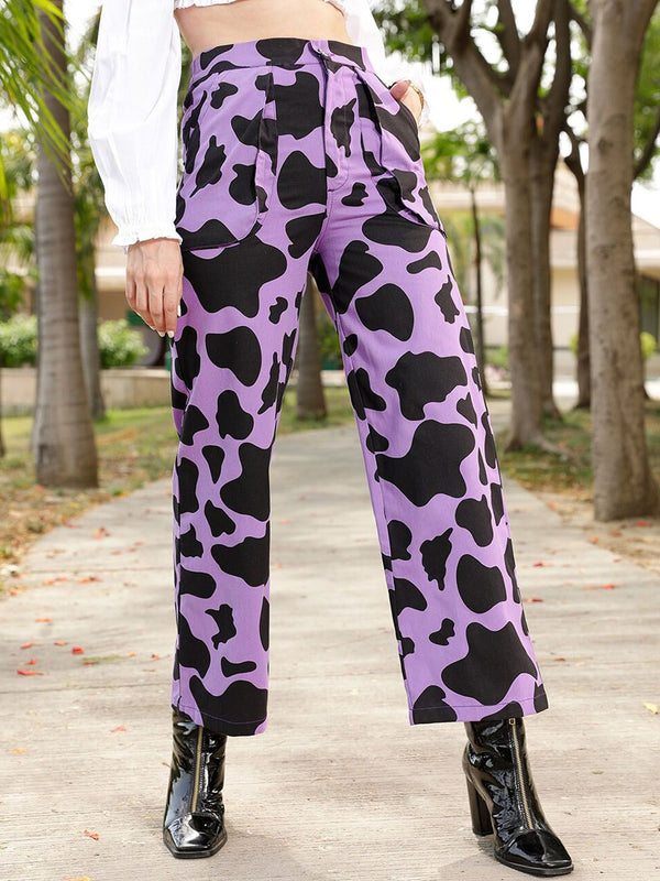 STREET 9 Women Lavender Printed Relaxed Straight Leg Straight Fit High-Rise Trousers