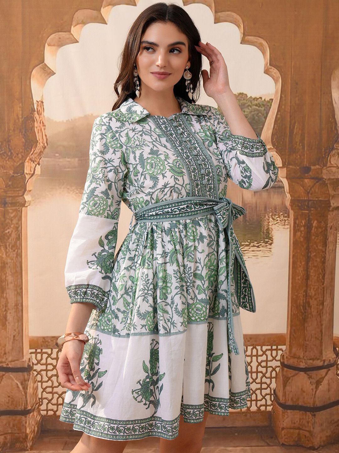 Vishudh Ethnic Motifs Printed Puff Sleeves Fit & Flare Dress