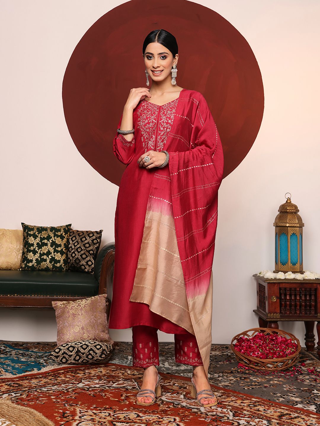 Varanga Women Maroon Yoke Design Kurta with Trousers & With Dupatta