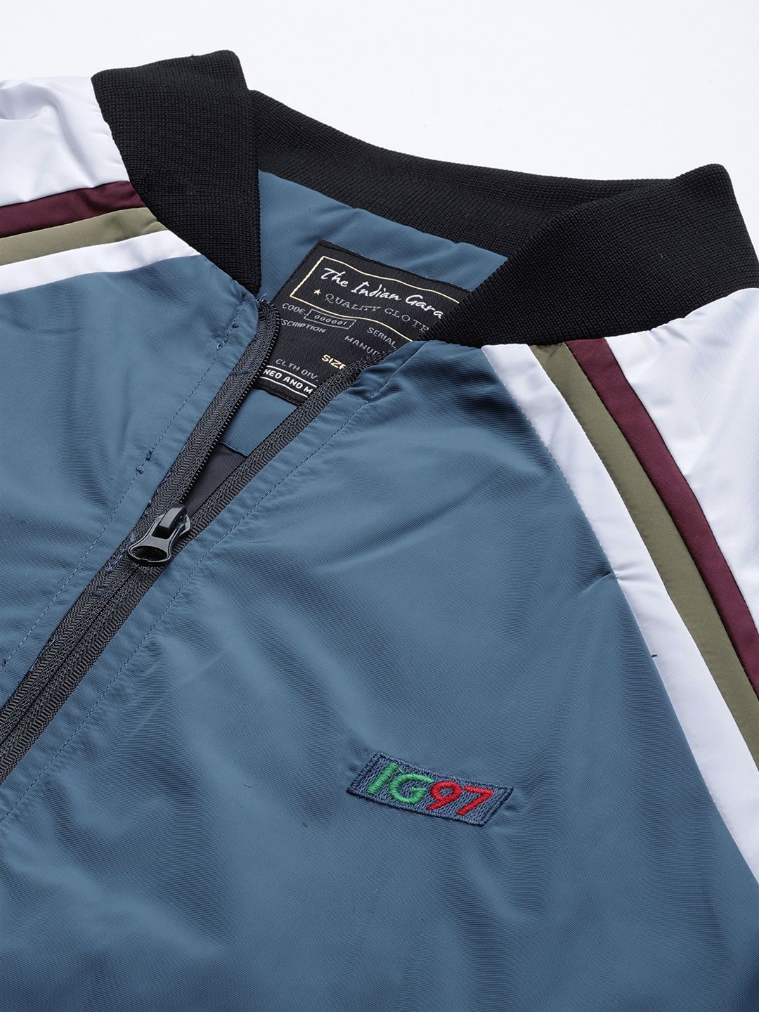 The Indian Garage Co Men Blue White Striped Bomber Jacket