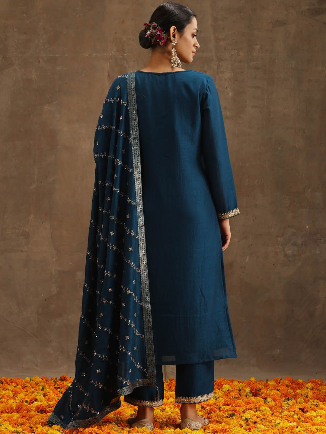 Libas Teal & Gold-Toned Ethnic Motifs Embroidered Sequined Kurta with Trousers & Dupatta