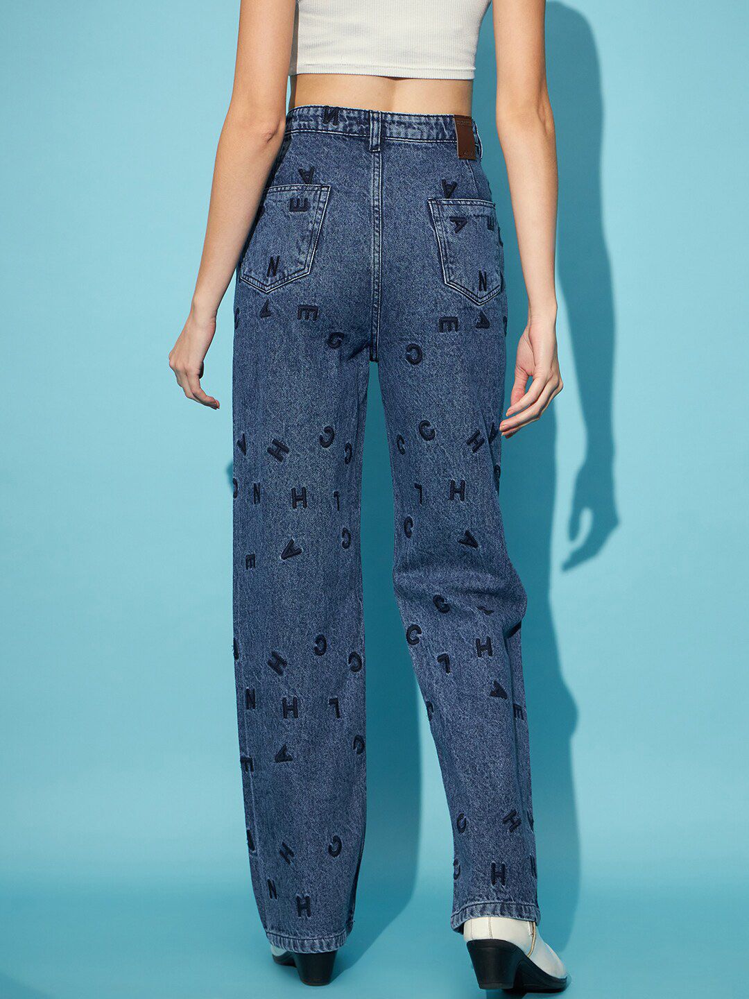 STREET 9 Women Blue Embroidered Clean Look Mom Fit High-Rise Pure Cotton Jeans