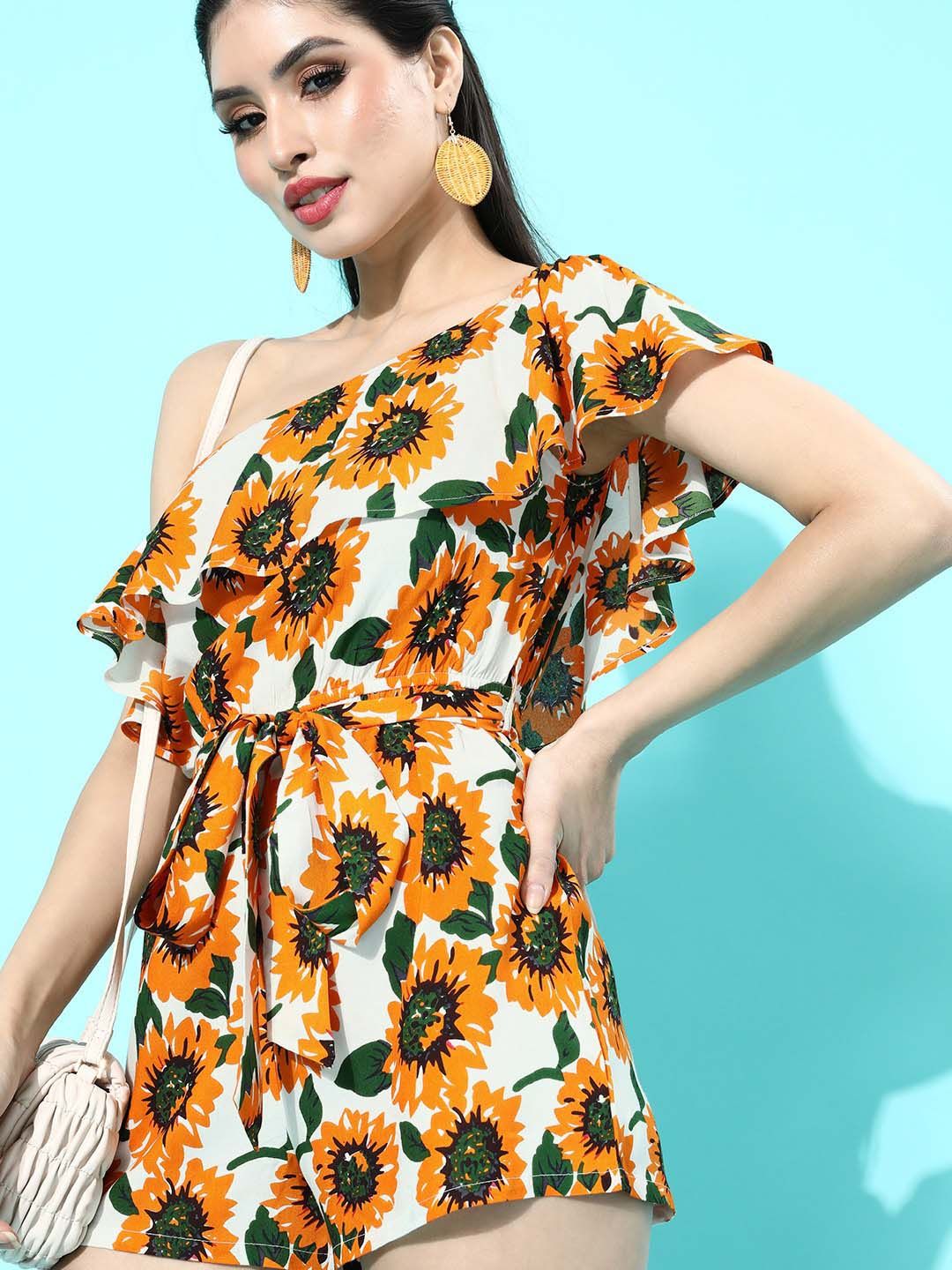 Berrylush Women Bright Yellow Printed One-Shoulder Jumpsuit