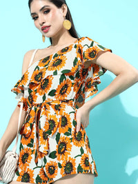 Berrylush Women Bright Yellow Printed One-Shoulder Jumpsuit