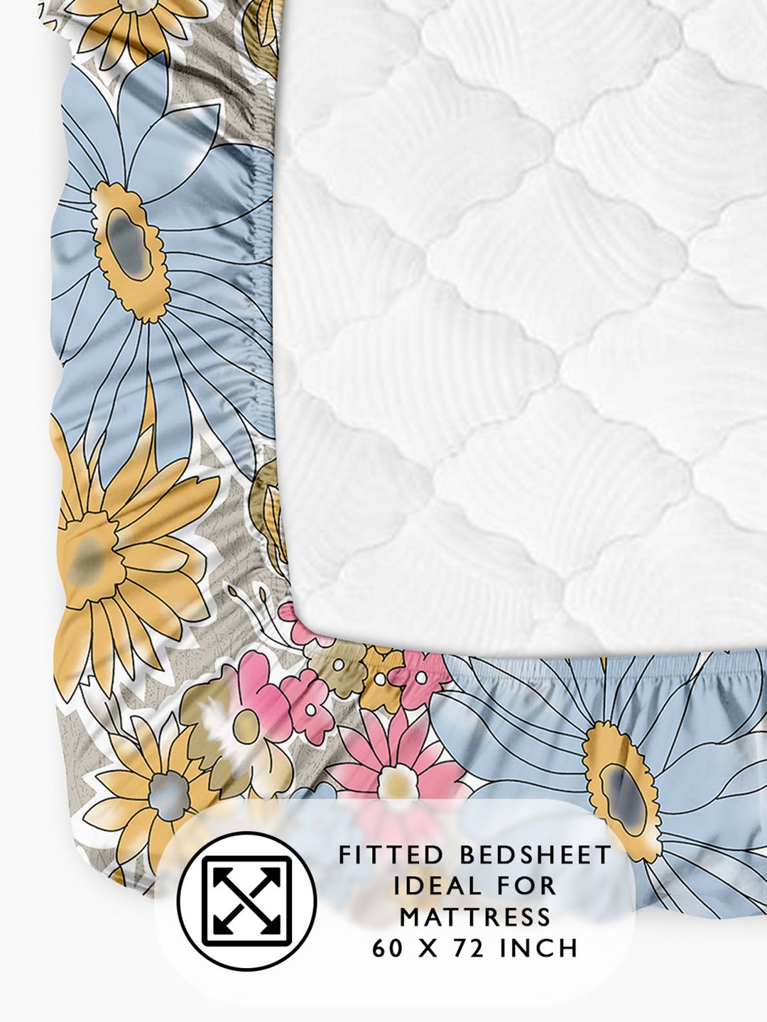Story@home Beige & Yellow 180 TC Floral Queen Fitted Bedsheet With 2 Pillow Covers
