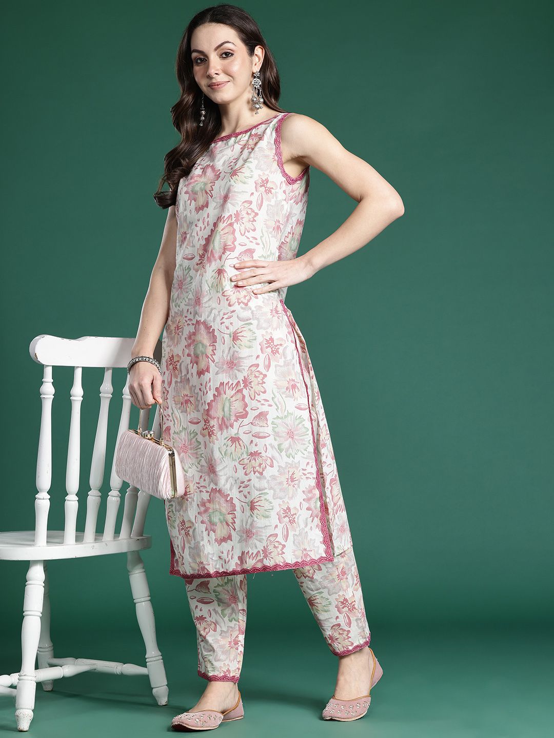 Indo Era Floral Printed Pure Cotton Kurta with Trousers