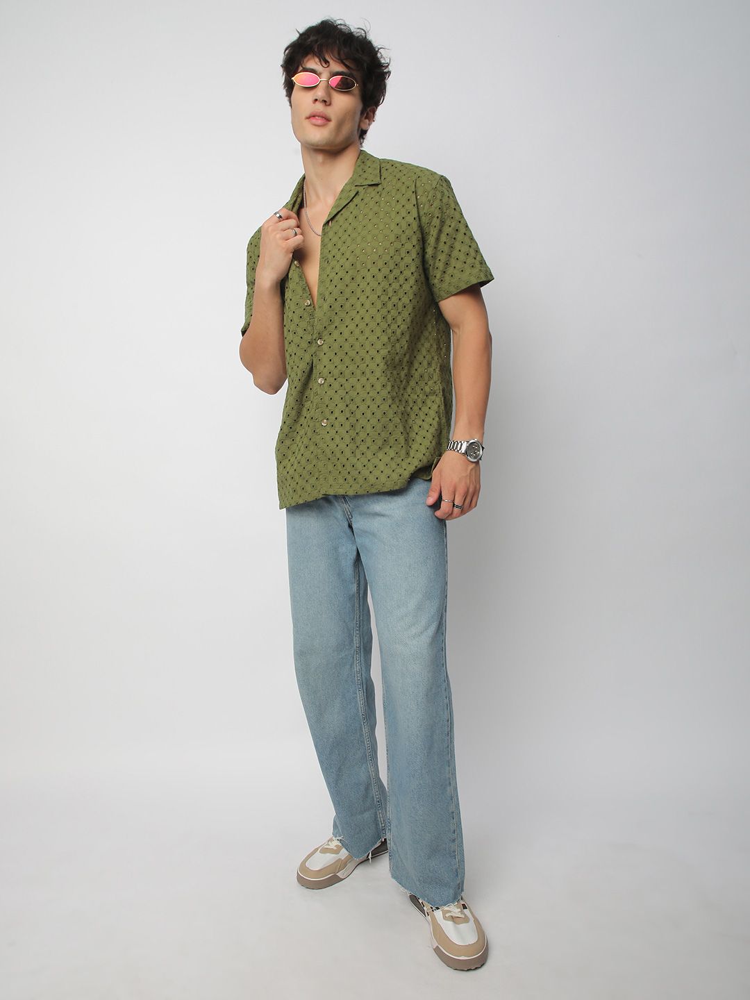 VASTRADO Men Classic Cuban Collar Textured Cotton Oversized Casual Shirt