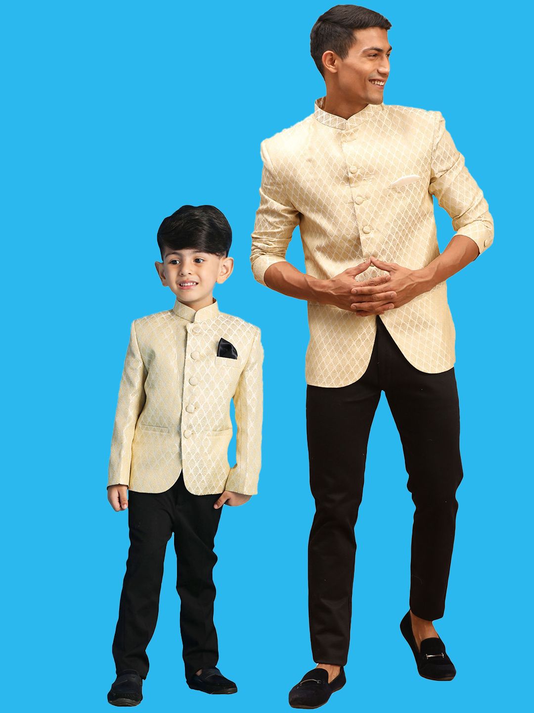 VASTRAMAY Boys Slim-Fit Woven Design Banarasi Jacquard Bandhgala Blazer
