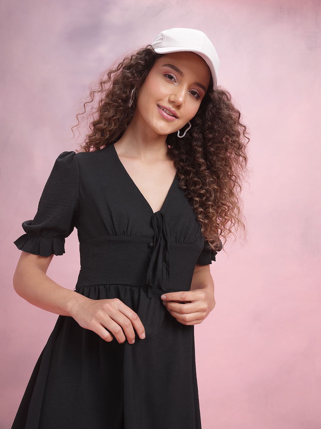 DressBerry Puff Sleeves A-Line Dress with Ruffled Detail