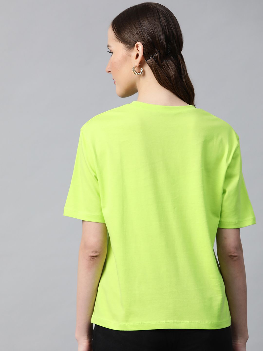 SASSAFRAS Women Fluorescent Green Blessed Print Round Neck T-shirt