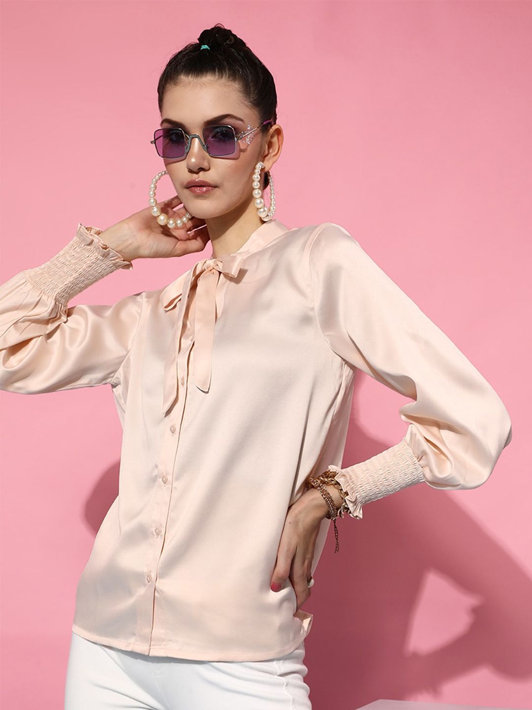 STREET 9 Women Peach-Coloured Tie-Up Casual Shirt