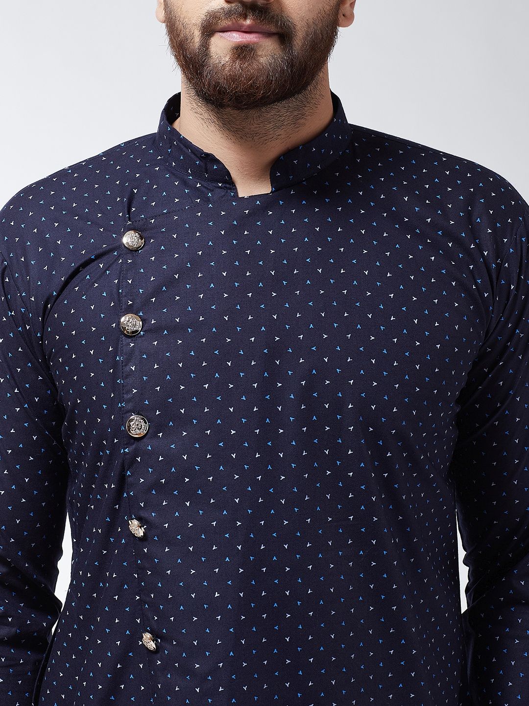 SOJANYA Lelaki Navy Blue Printed Cotton Linen Kurta Lurus