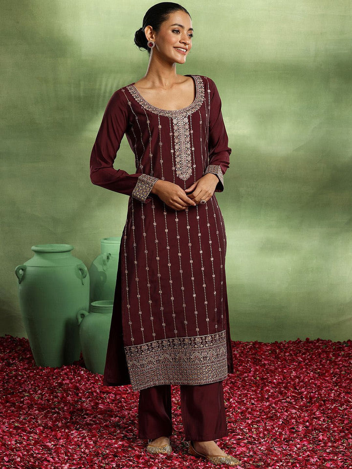 Libas Floral Embroidered Sequinned Straight Kurta with Trouser & Dupatta