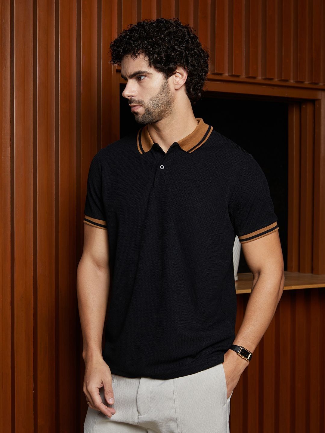 Campus Sutra Men Solid Polo Collar Cotton T-shirt