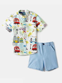 Nauti Nati Boys Conversational Printed Mandarin Collar Pure Cotton Shirt With Shorts