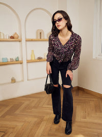 Berrylush Black Animal Printed V-Neck Puff Sleeves Ruffles Top