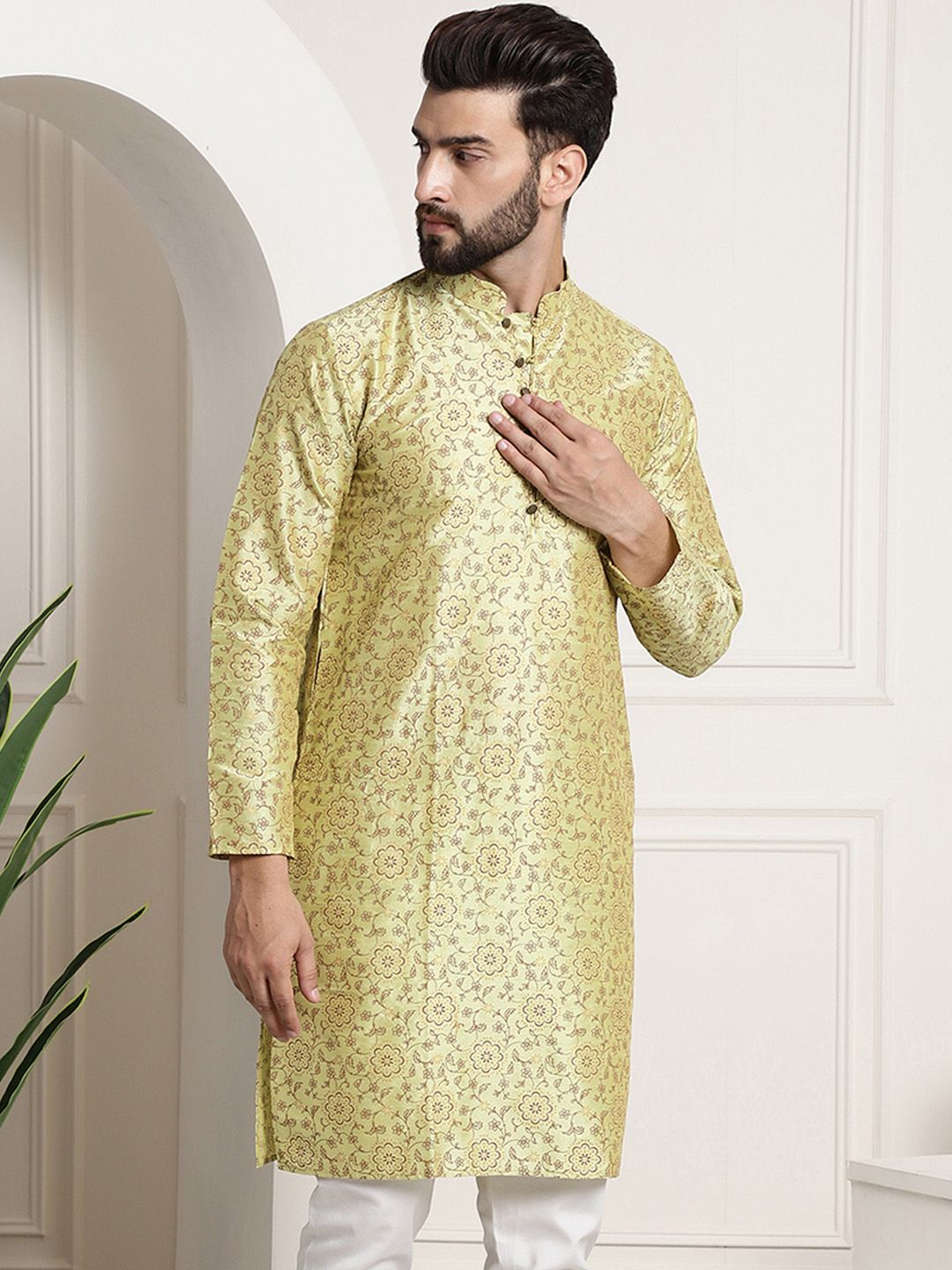 SOJANYA Floral Printed Kolar Mandarin Lengan Panjang Kurta Lurus