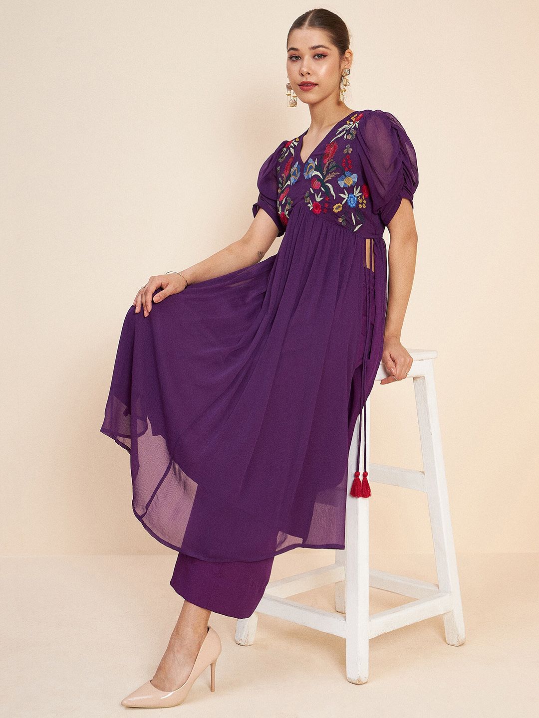 Antheaa Purple Floral Embroidered Empire A-Line Top With Palazzo