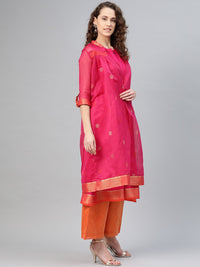 W Women Pink & Orange Printed Layered Straight Kurta with Trousers
