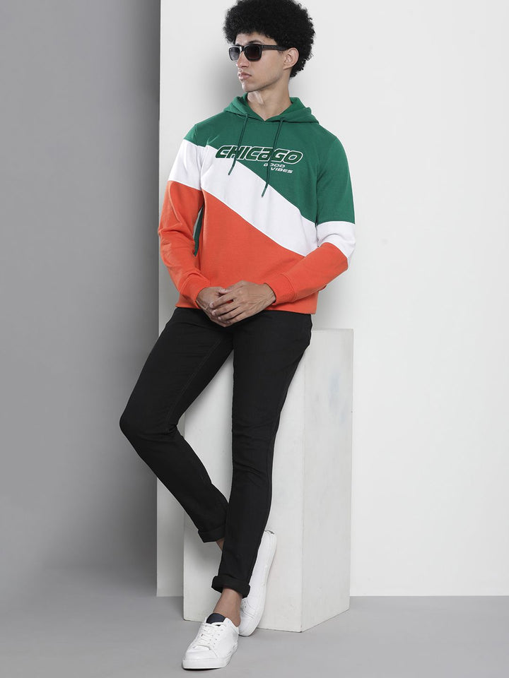 The Indian Garage Co Men Green & Orange Striped Hooded Sweatshirt