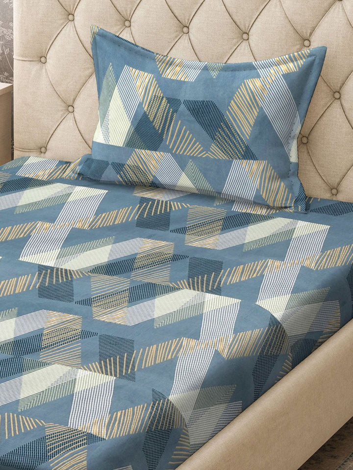 KLOTTHE Turquoise Blue & White Printed Fitted 300TC Single Bedsheet & Pillow Covers