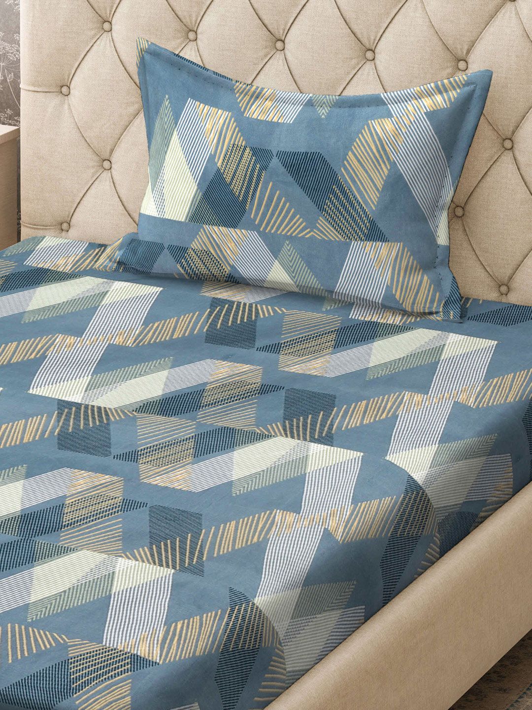 KLOTTHE Turquoise Blue & White Printed Fitted 300TC Single Bedsheet & Pillow Covers
