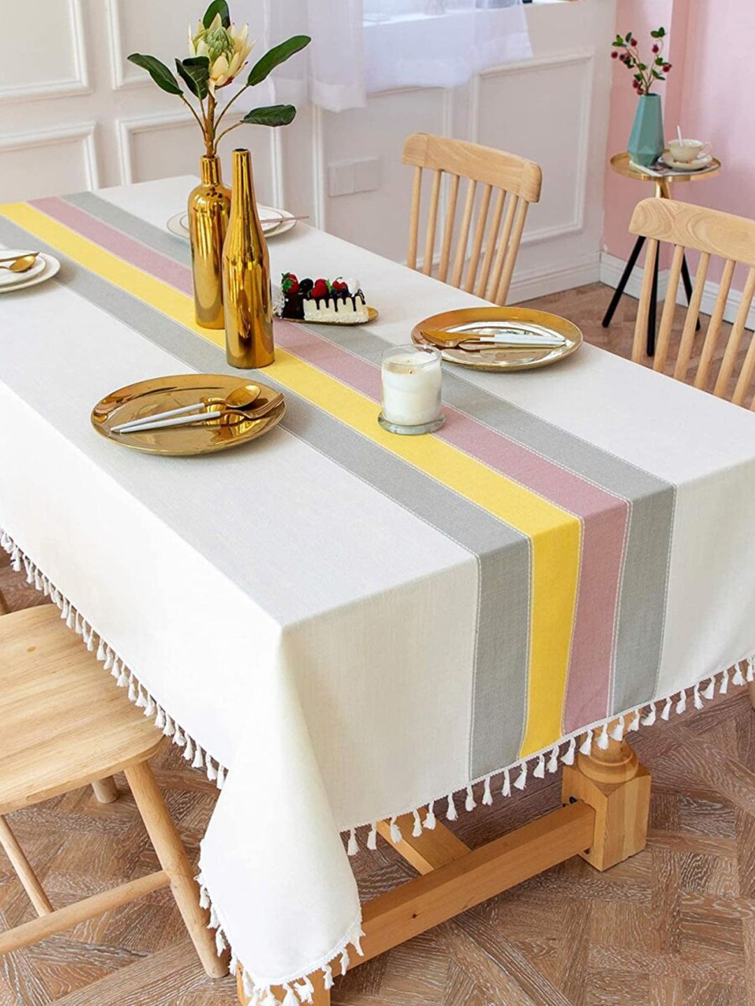 URBAN SPACE Yellow & White 4 Seater Striped Table Cloth