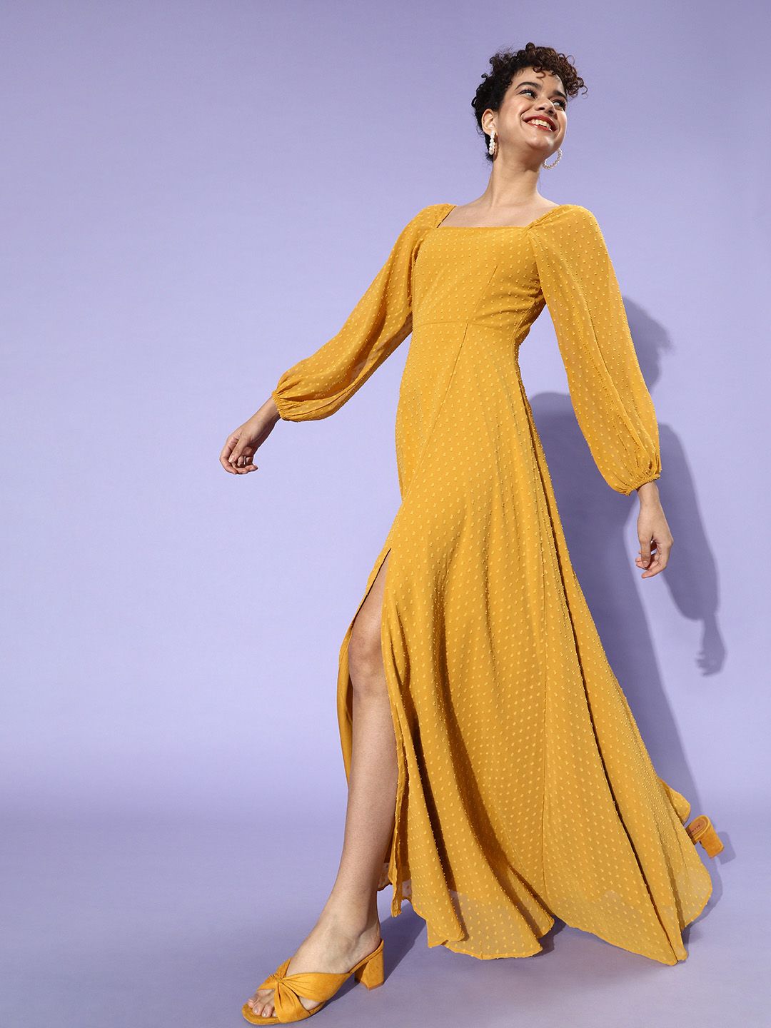 Berrylush Women Stylish Mustard Self-Design Puff Sleeves Dress