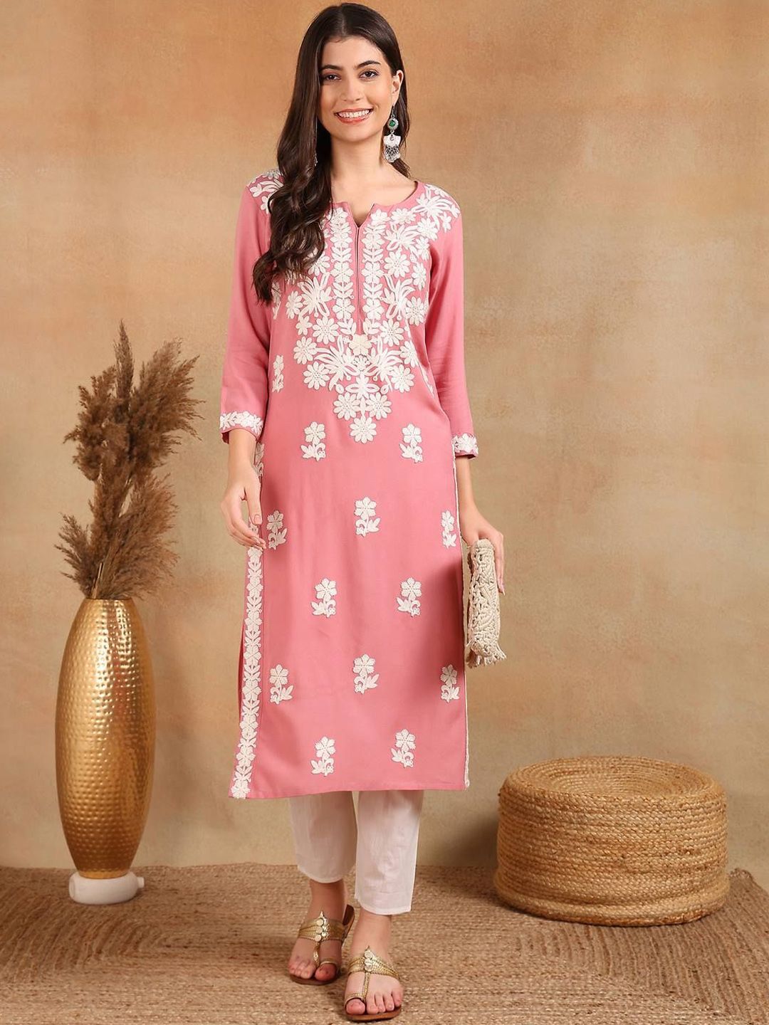 KALINI Floral Embroidered Notch Neck Chikankari Straight Kurta