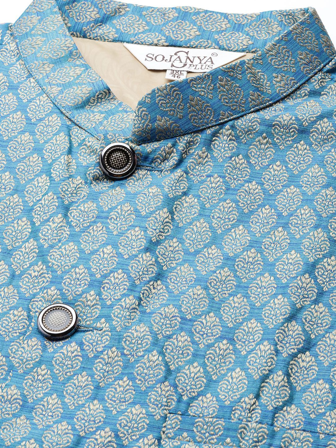SOJANYA PLUS Men Yellow & White Chikankari Embroidered Kurta with Churidar & Nehru Jacket