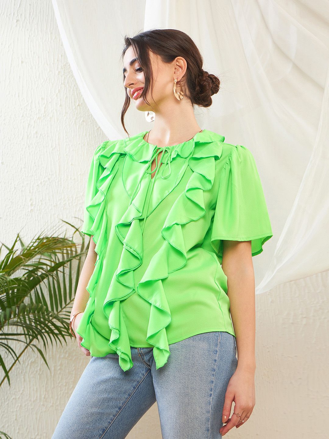 SASSAFRAS Green Keyhole Neck Flared Sleeve Ruffles Georgette Top