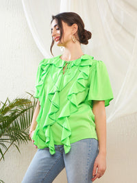 SASSAFRAS Green Keyhole Neck Flared Sleeve Ruffles Georgette Top