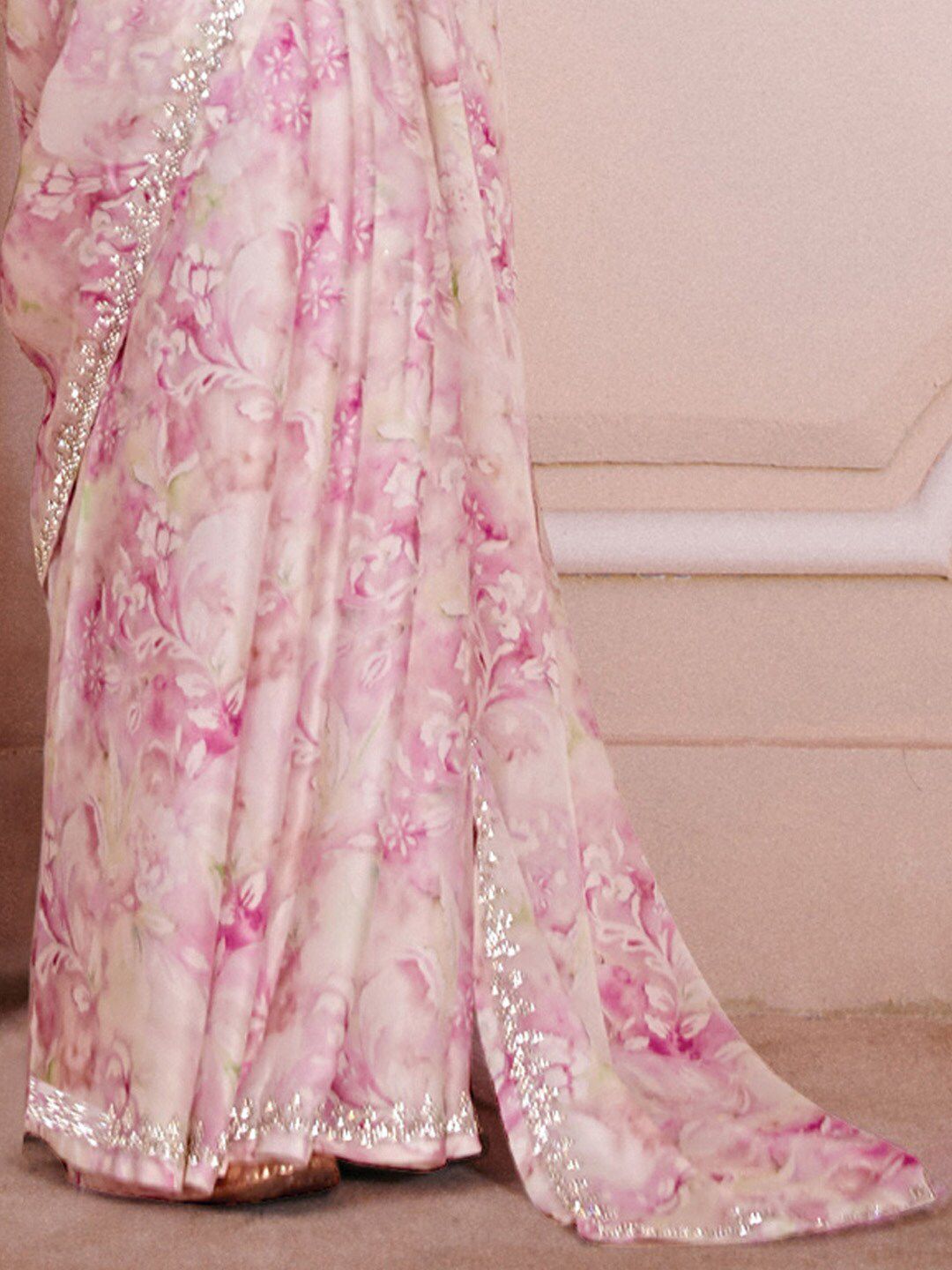Saree mall Floral Printed Beads & Stones Satin Saree