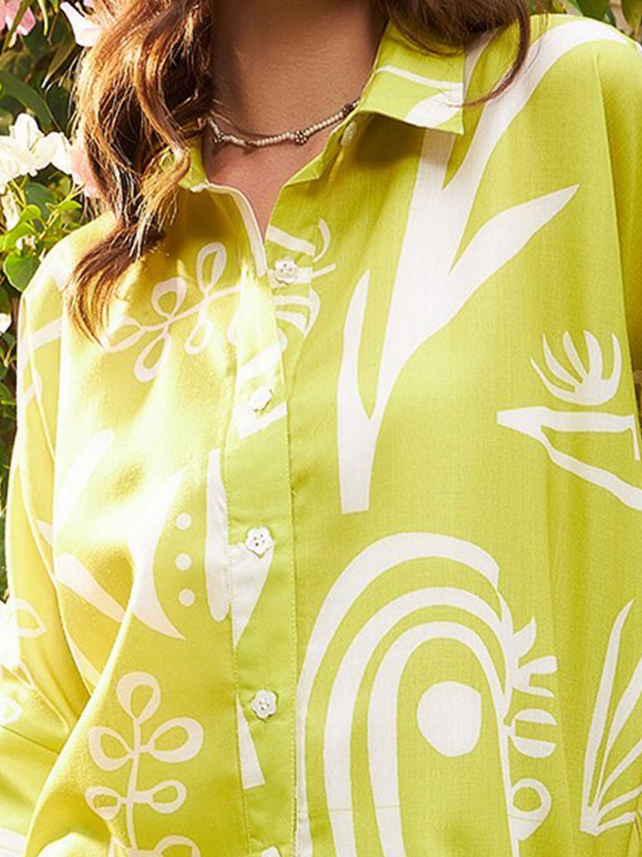 Athena Lime Green Floral Printed Linen Shirt Gaya Atas