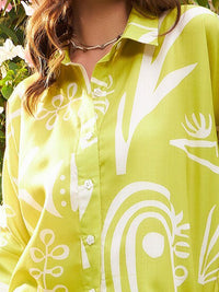 Athena Lime Green Floral Printed Linen Shirt Gaya Atas