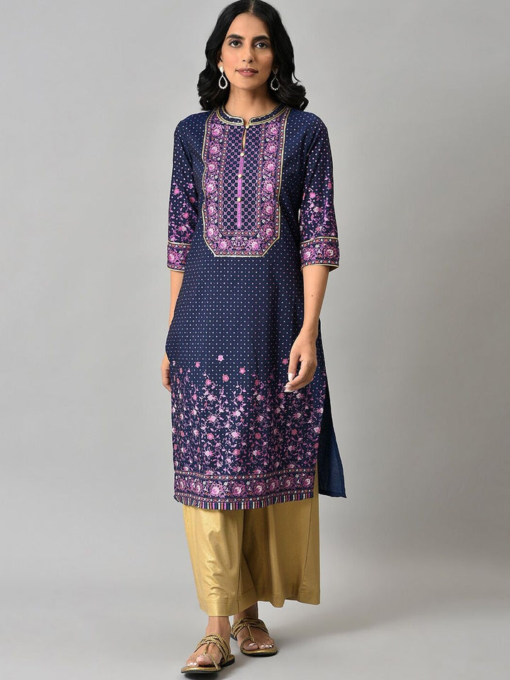 AURELIA Women Navy Blue Floral Printed Straight Fit Kurta