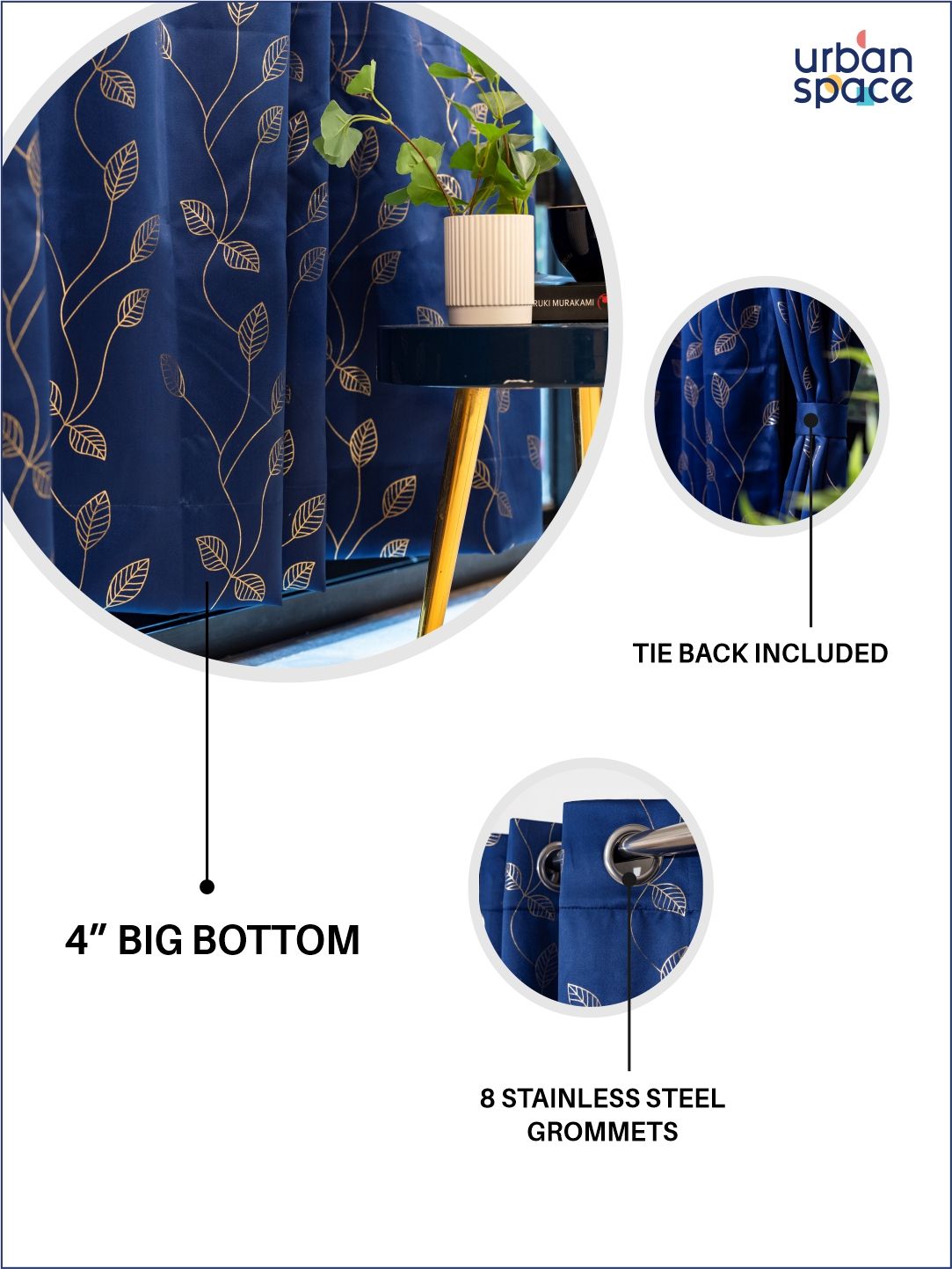 URBAN SPACE Navy Blue & Gold-Toned Floral Printed Black Out Door Curtain
