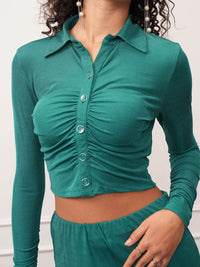 Tokyo Talkies Teal Green Long Sleeves Crop Shirt With Trousers