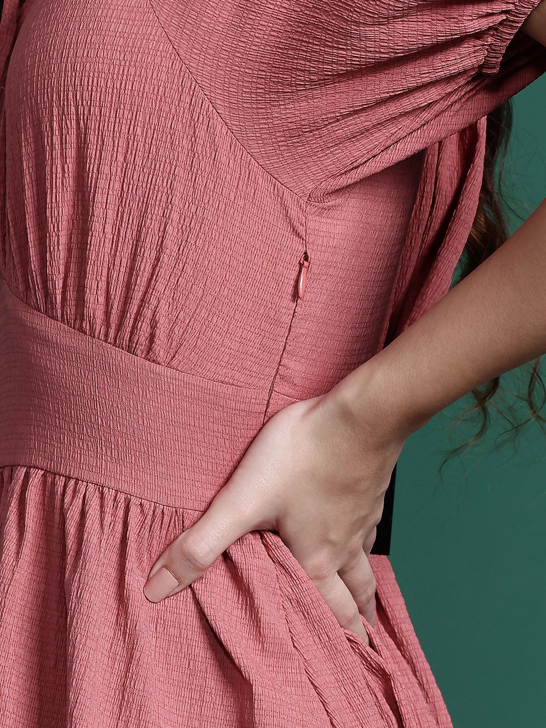 DressBerry Tie-Up Neck Textured Gathered Detail A-Line Midi Dress