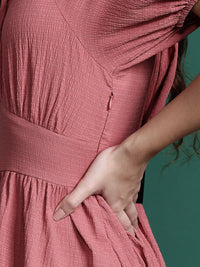 DressBerry Tie-Up Neck Textured Gathered Detail A-Line Midi Dress