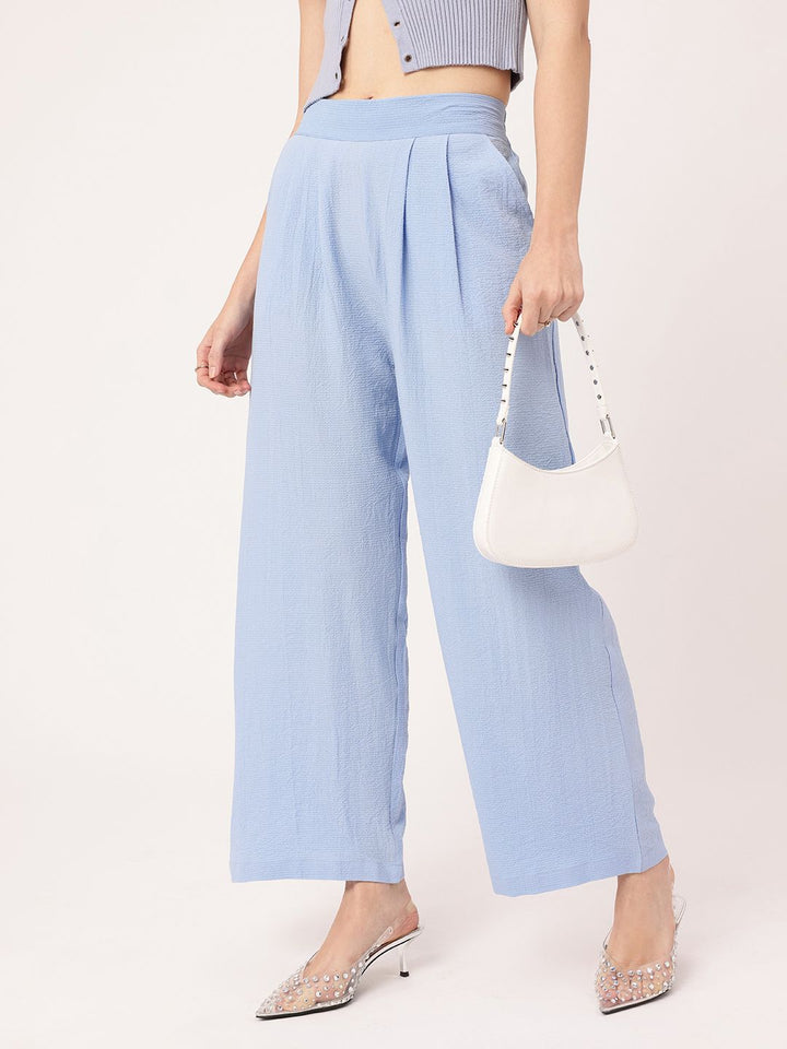 DressBerry Women Street Savvy Seersucker Textured Pleated High-Rise Parallel Trousers