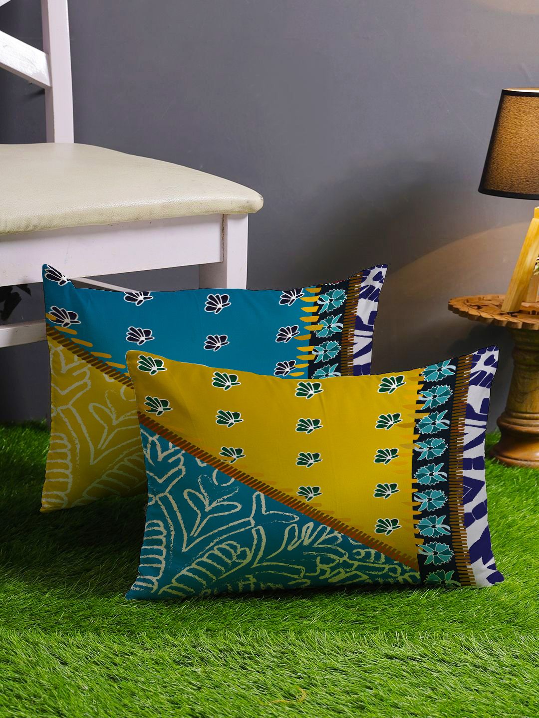STITCHNEST Blue & Yellow Set of 2 Floral Rectangle Cushion Covers