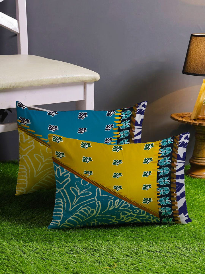 STITCHNEST Blue & Yellow Set of 2 Floral Rectangle Cushion Covers