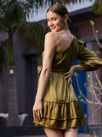 SASSAFRAS Off-Shoulder Bell Sleeve Georgette A-Line Dress