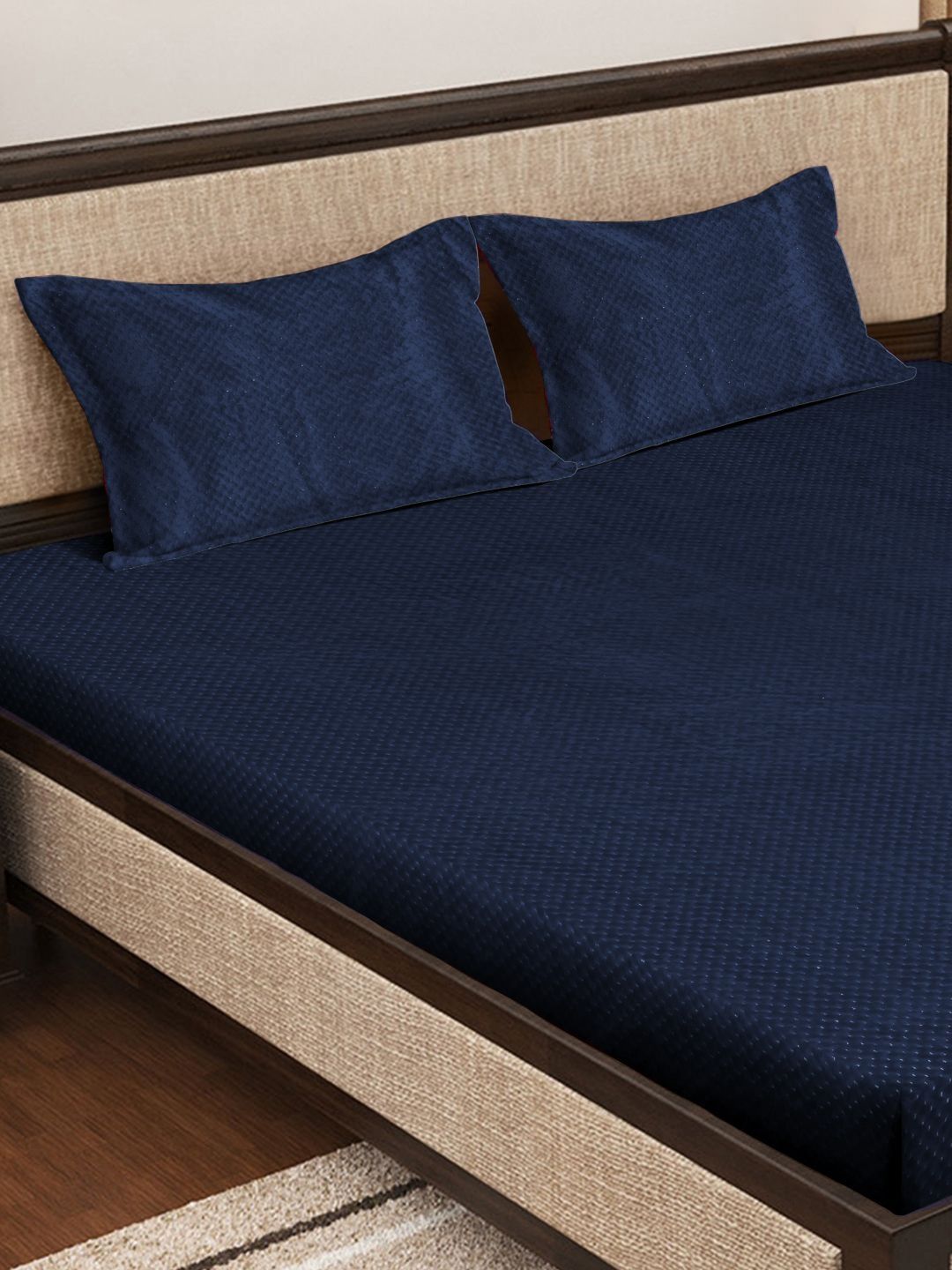 KLOTTHE Navy Blue Solid Fitted 400 TC Woollen King Bedsheet With 2 Pillow Covers