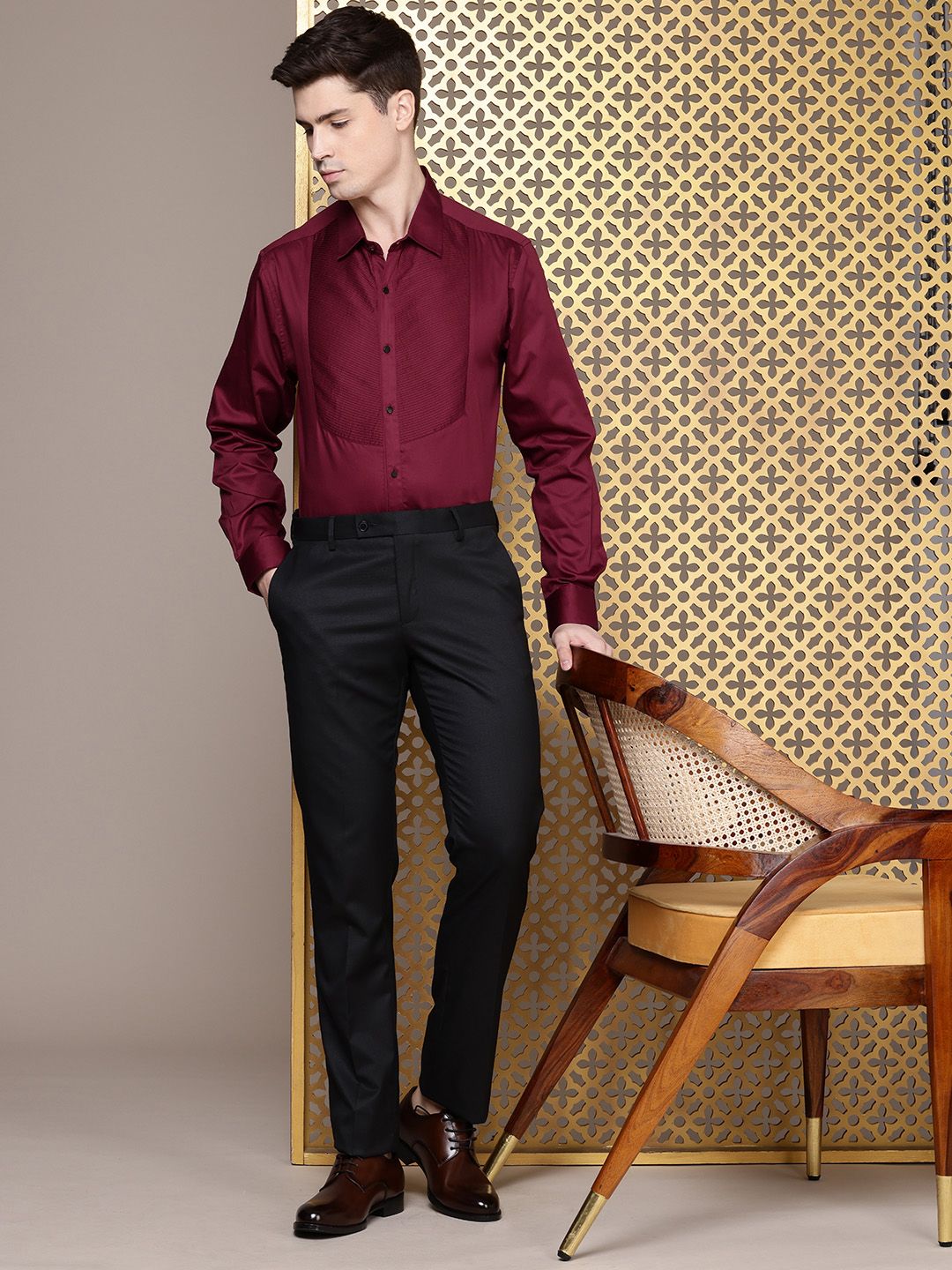 House of Pataudi Pure Cotton Pleated Opaque Party Shirt