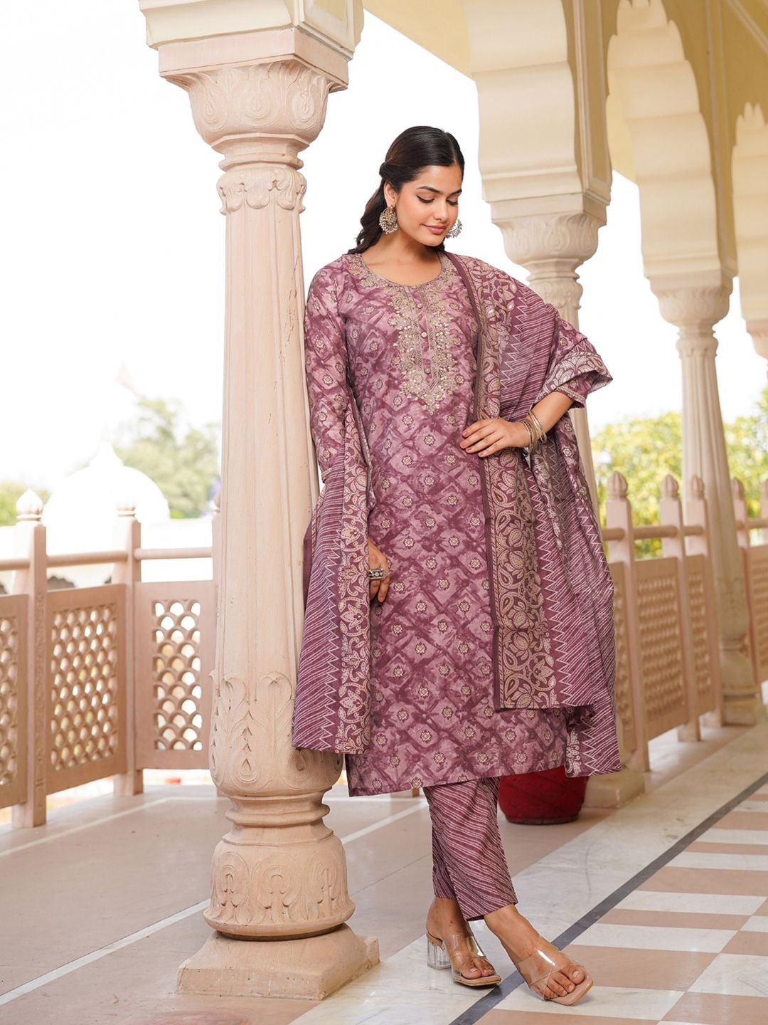 KALINI Ethnic Motifs Zari Embroidered Straight Kurta With Trousers & Dupatta