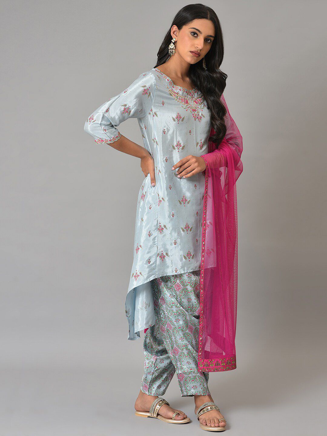 W Festive Floral Print Rayon Kurta With Salwar & Dupatta
