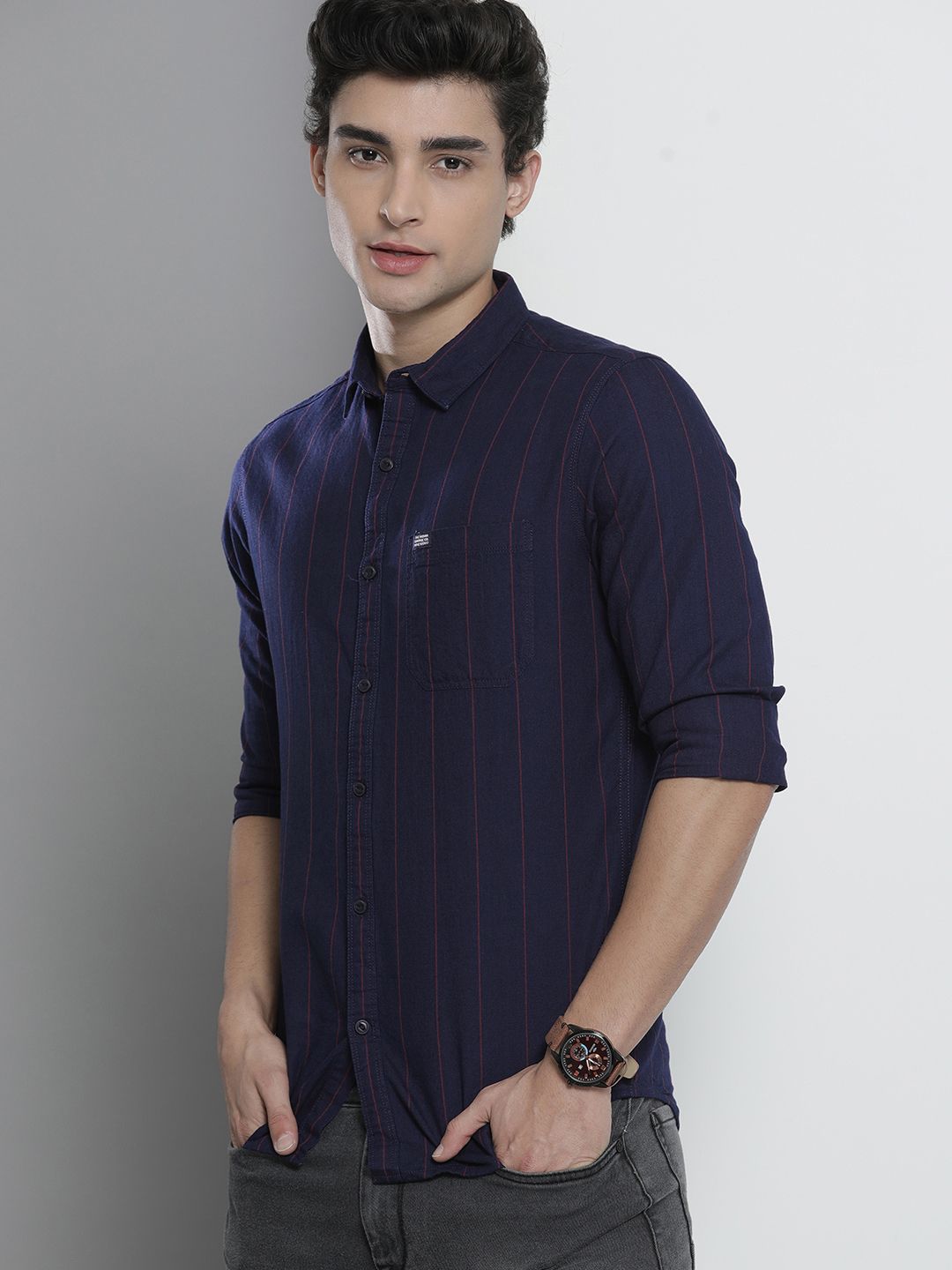 The Indian Garage Co Men Navy Blue Pinstripes Casual Shirt