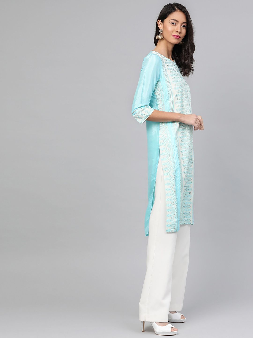 W Women Blue & Off-White Printed Straight Kurta
